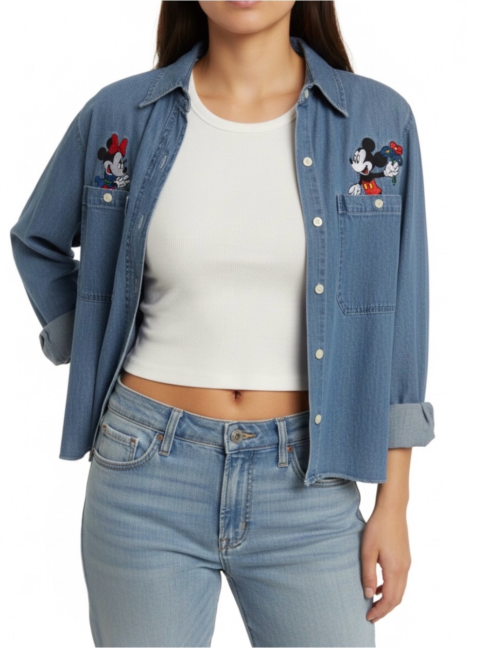 Vintage Mickey Unlimited Denim Button-Up upcycled Mickey Minnie Size Small